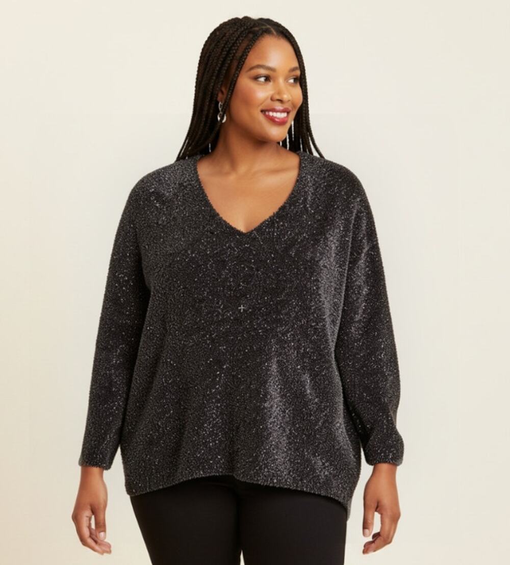 AVA & VIV Sweater Wmns Plus Size 4X Fuzzy Metallic V Neck Tunic Black Silver NEW